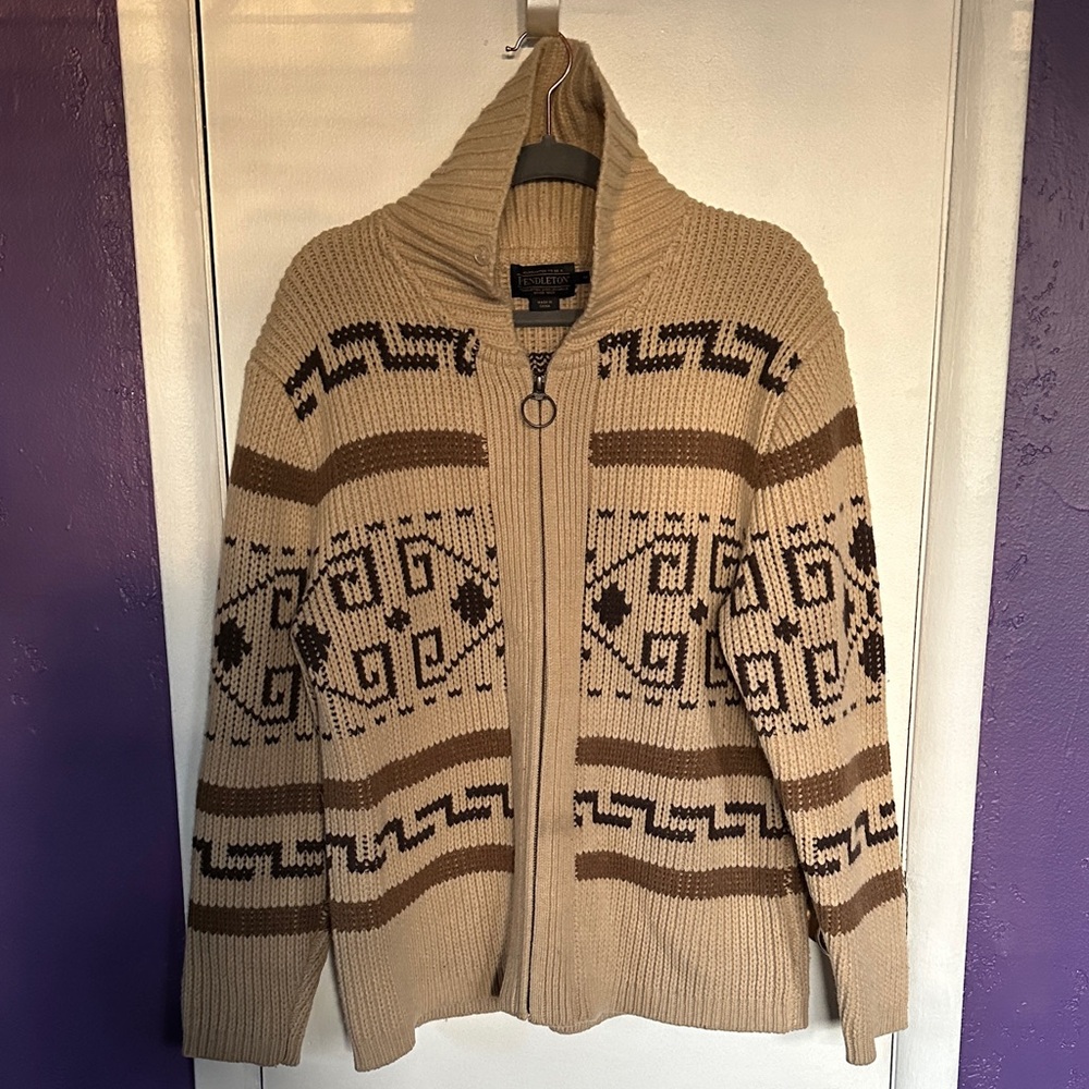 Pendleton Beige & Brown Southwestern Zip Shawl Collar Cardigan